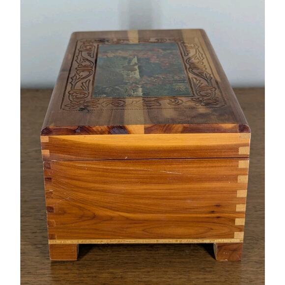 Vintage Litho Woodland Print Cedar Wood Jewelry Trinket Stash Box Mirrored - Picture 5 of 14
